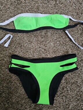 Calzedonia Cobey Block Neon Green Bandeau Bikini Swim Set White Black S Small
